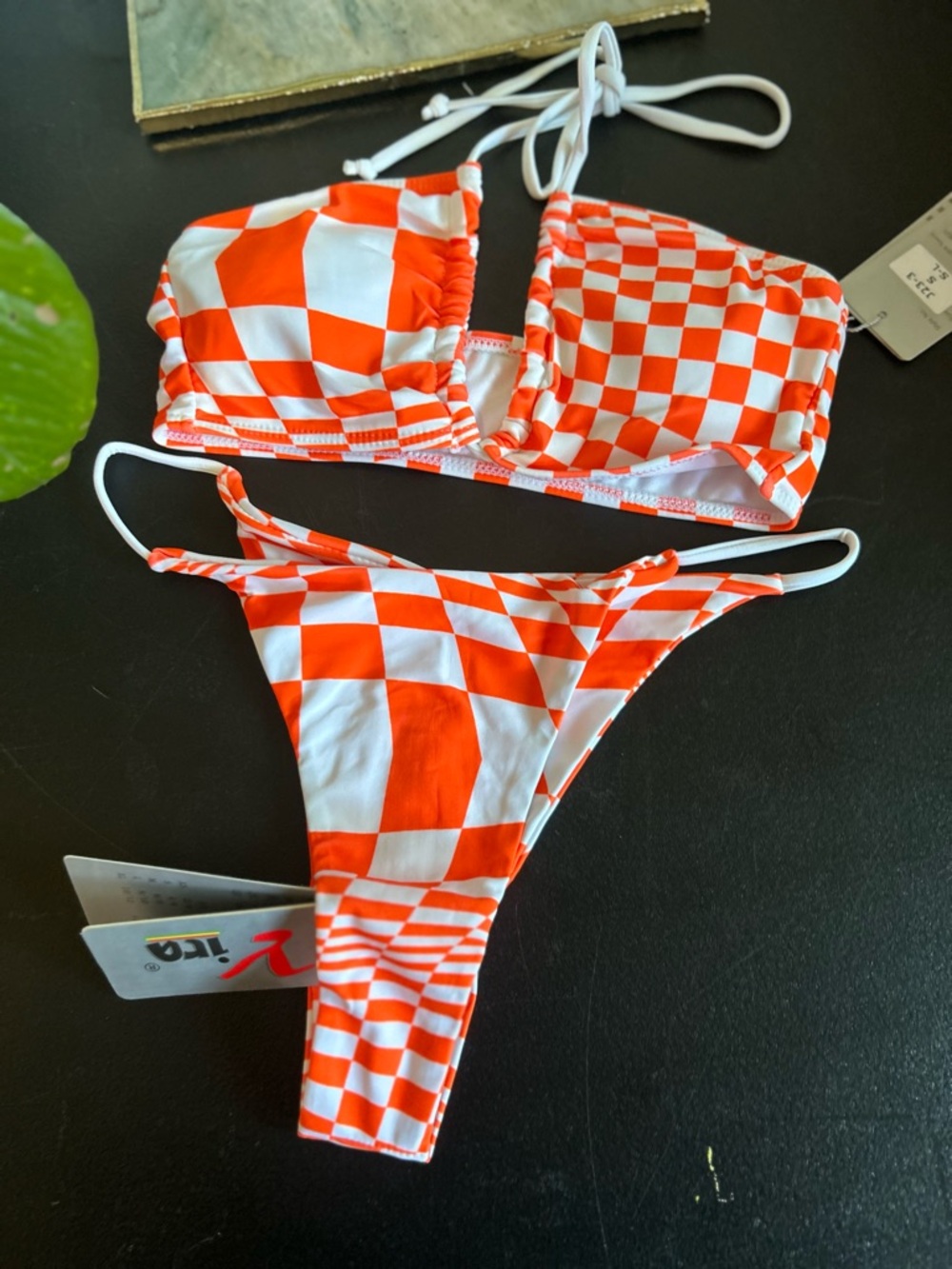 Yira Neon Orange Checkered Bikini features a two-piece set Small